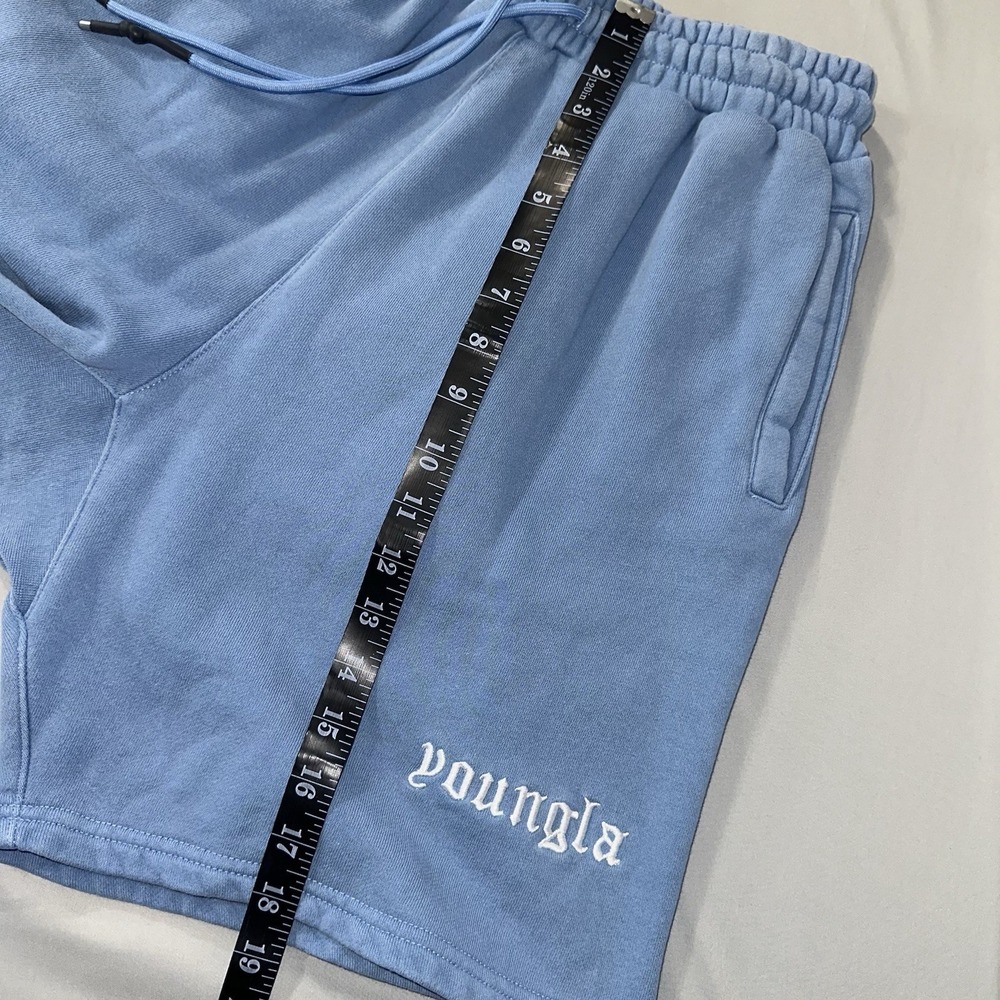 YoungLA Sweat Shorts Blue Drawstring Logo Stretch Lounge Athleisure Mens Medium - Picture 7 of 8